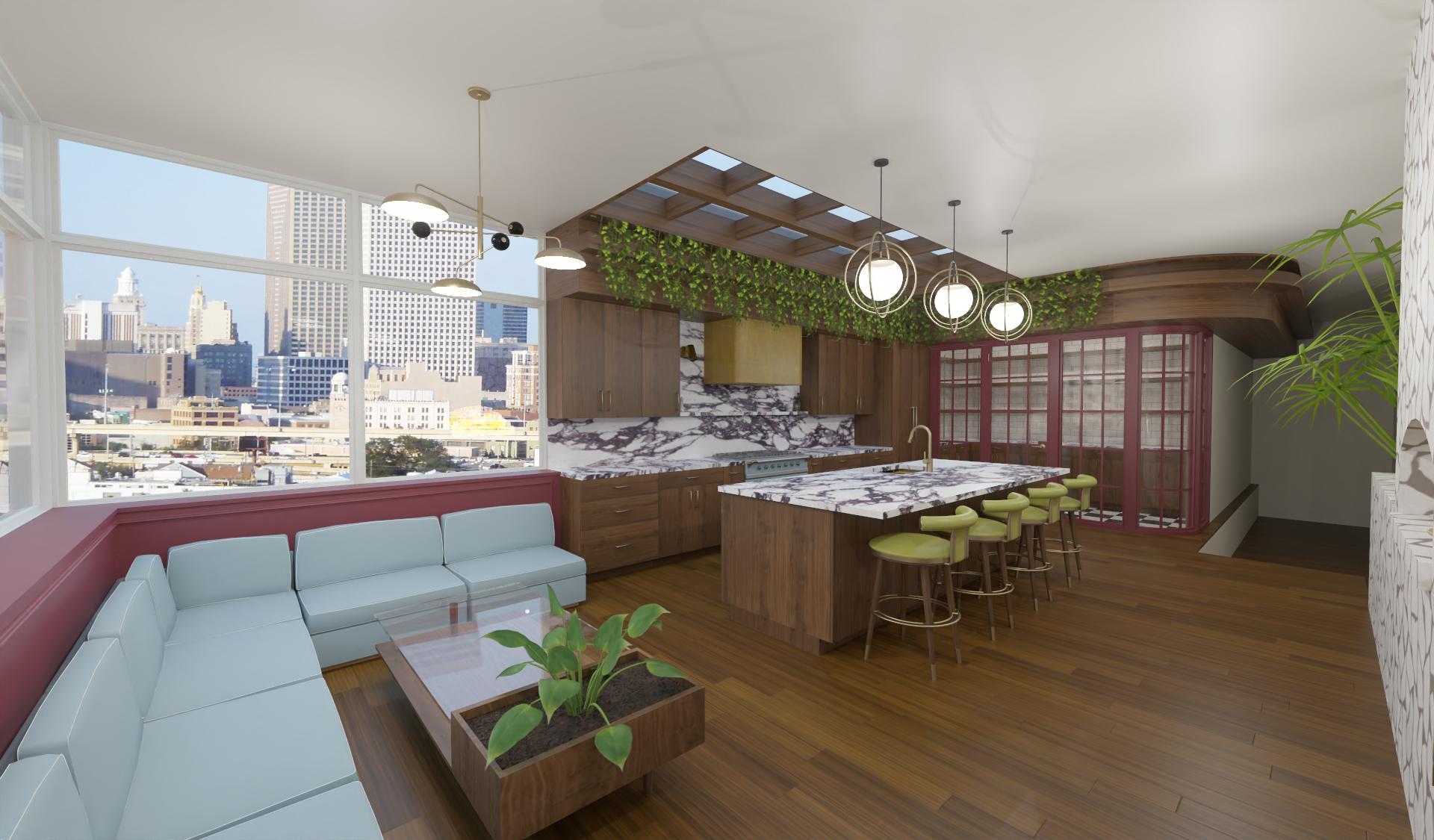 Modern kitchen remodel with a large marble island, green barstools and hanging plants