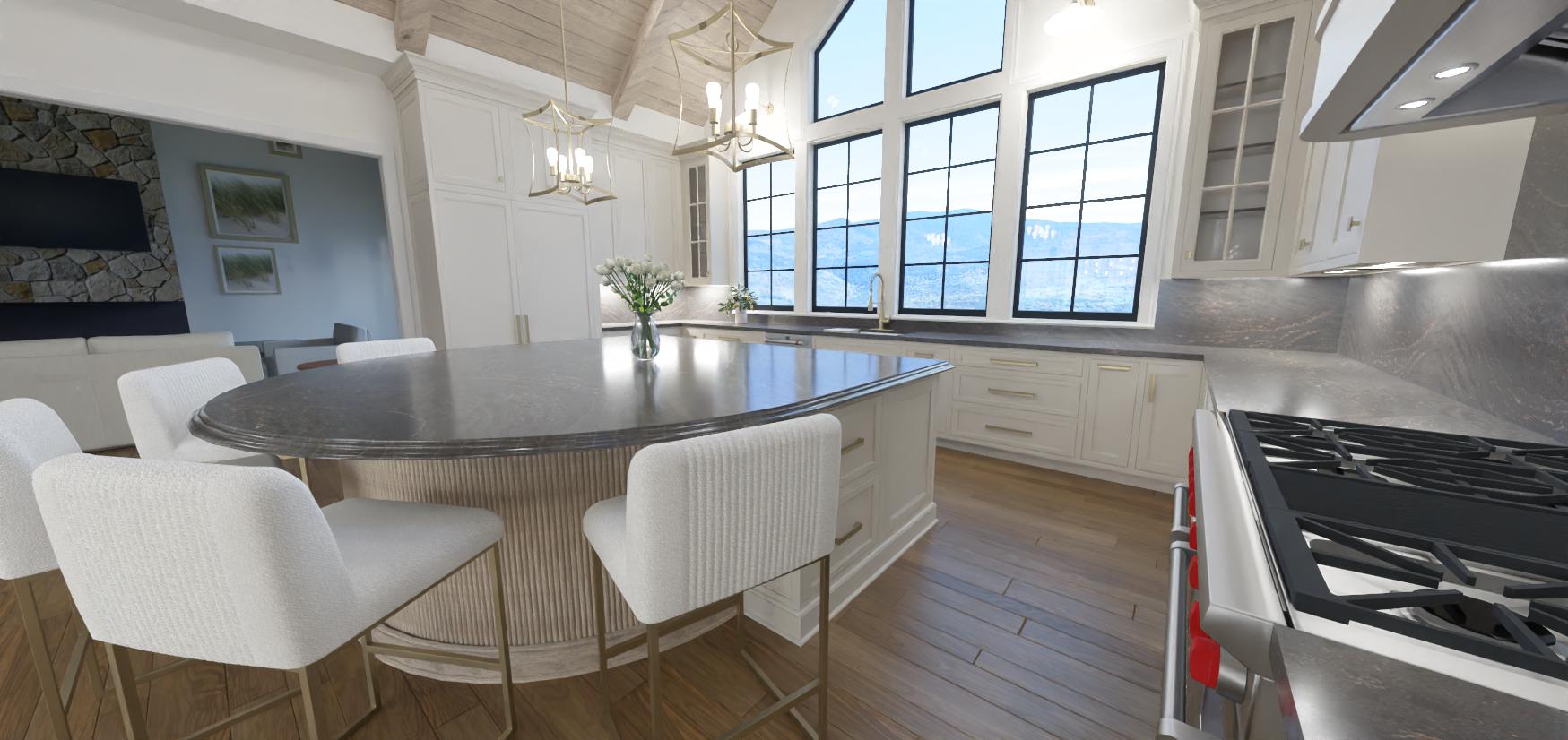 Spacious remodeled kitchen with white cabinets, a large island and a vaulted ceiling